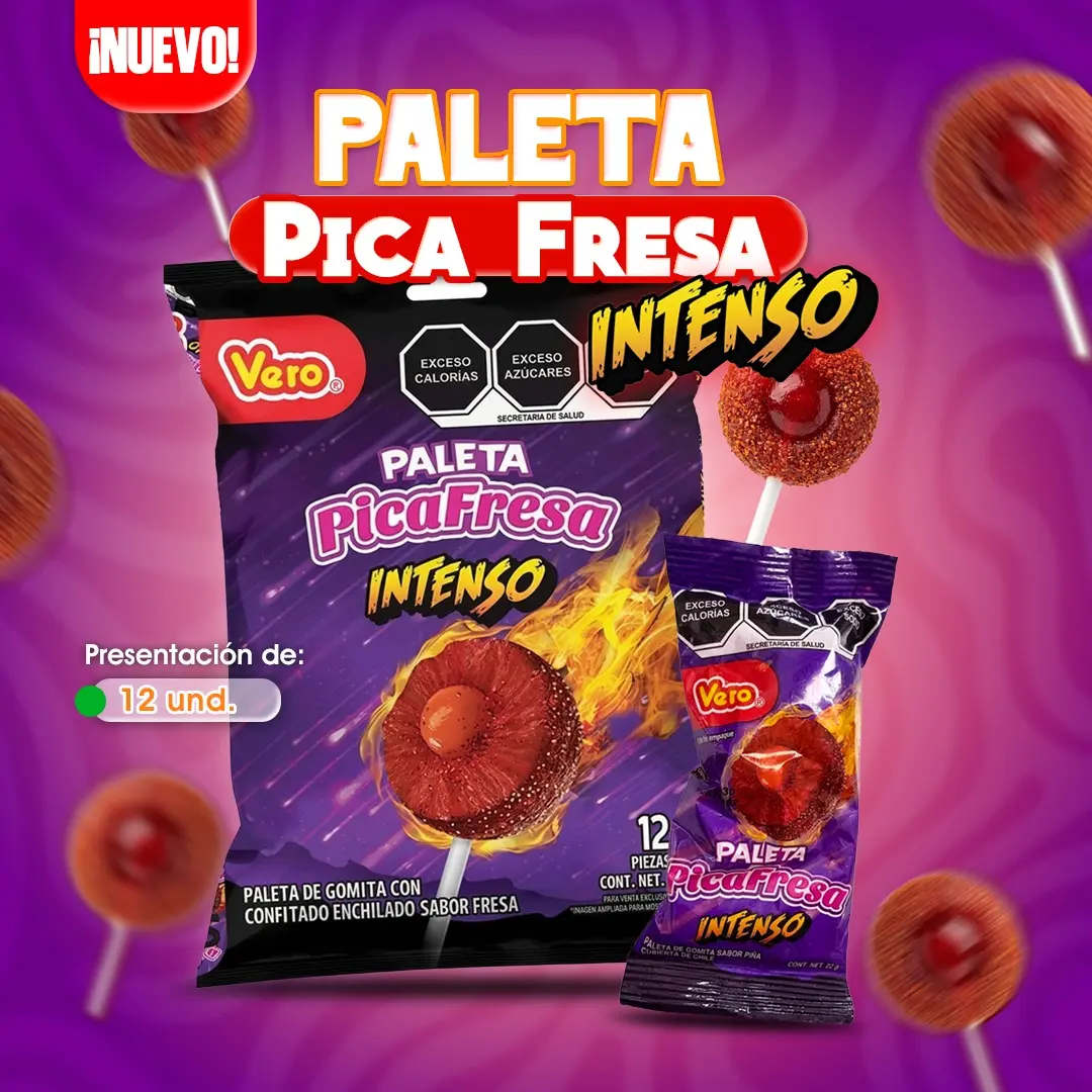 Paleta Pica Fresa Intenso con chile y sabor a fresa.