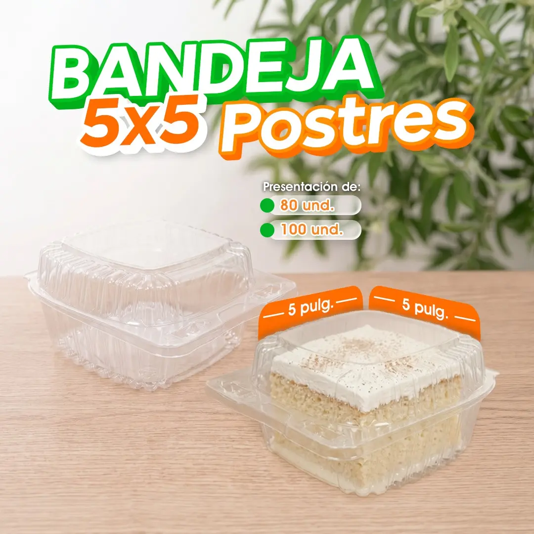 Bandeja cuadrada 5x5 ideal para exhibir y transportar postres, pasteles, semitas y otros productos de repostería con una presentación práctica y profesional.