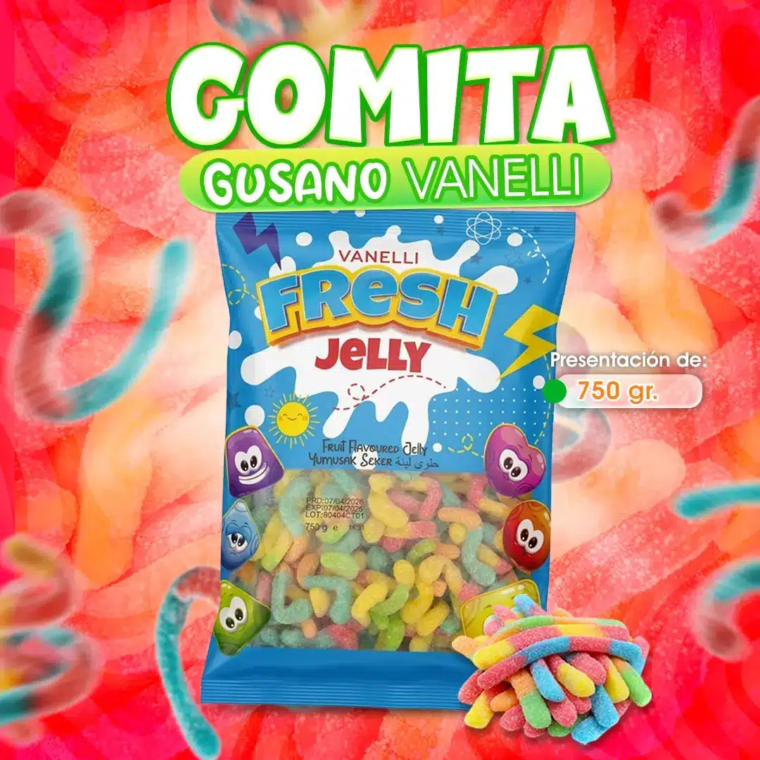 Gomitas gusano Vanelli, dulces coloridos con divertidas formas de gusano y una textura suave y deliciosa. Ideales para disfrutar como golosina, preparar mesas de dulces, decorar postres o complementar diferentes productos para emprendimientos de confitería.